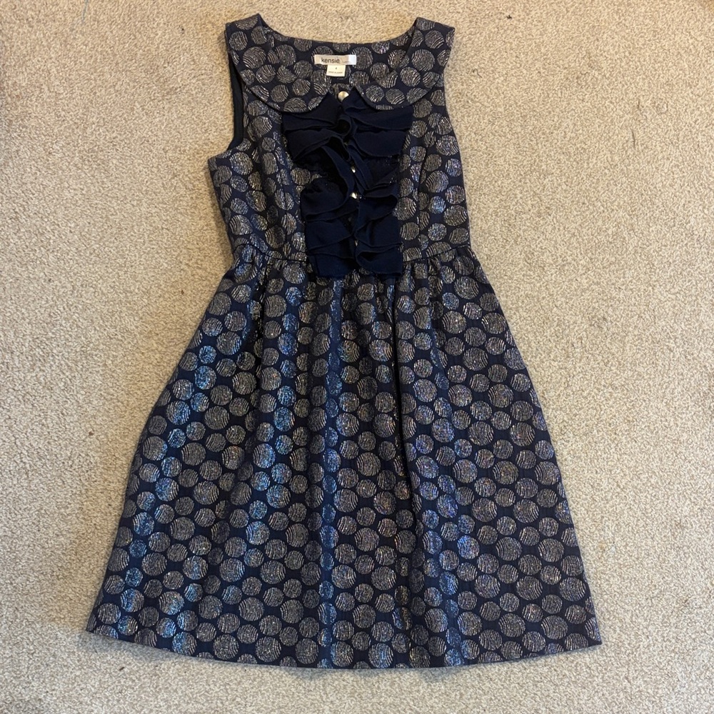 Navy and Silver Polka-Dot, Ruffle-Front Dress